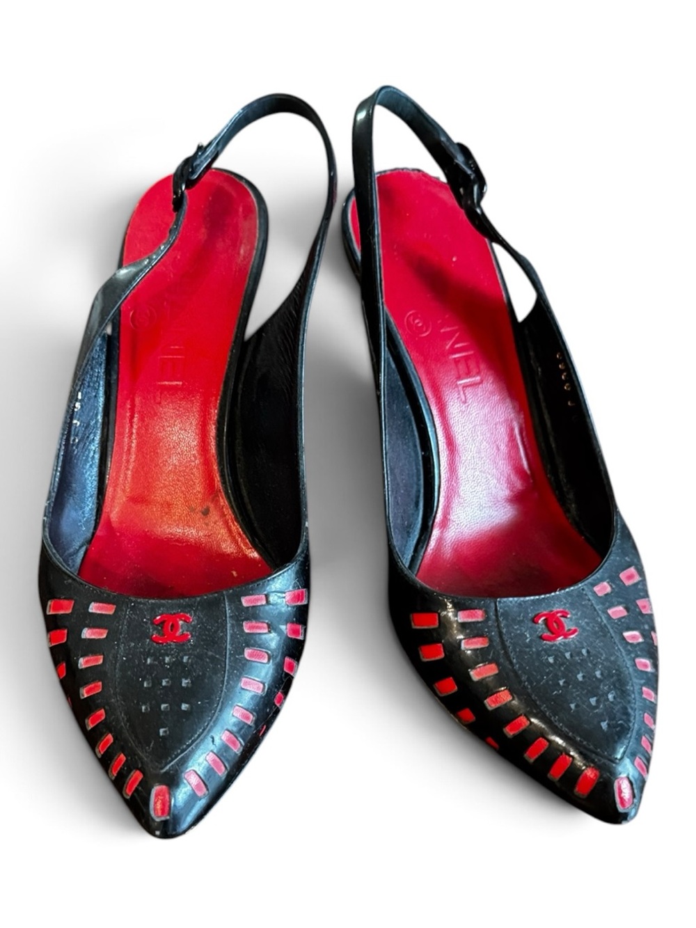CHANEL VINTAGE Black Red patent leather slingback heels EU 36.5
